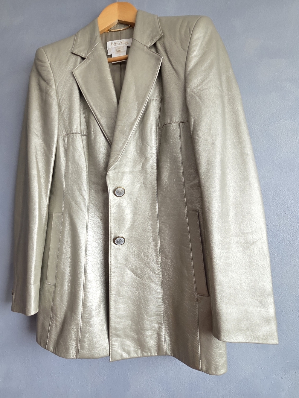 ESCADA BY MAGARETHA LEY VINTAGE SILVER METTALIC  LEATHER BLAZER SIZE 34
